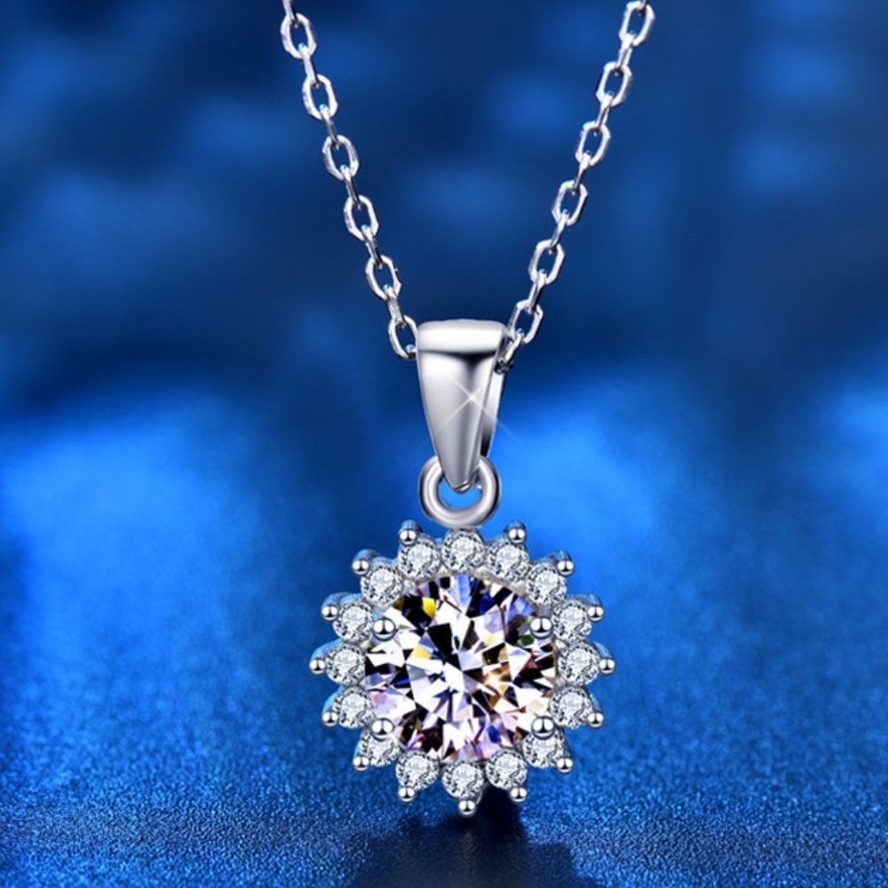 Certified 1ct. t.w. Moissanite Diamond Sunflower Halo Necklace NEW B